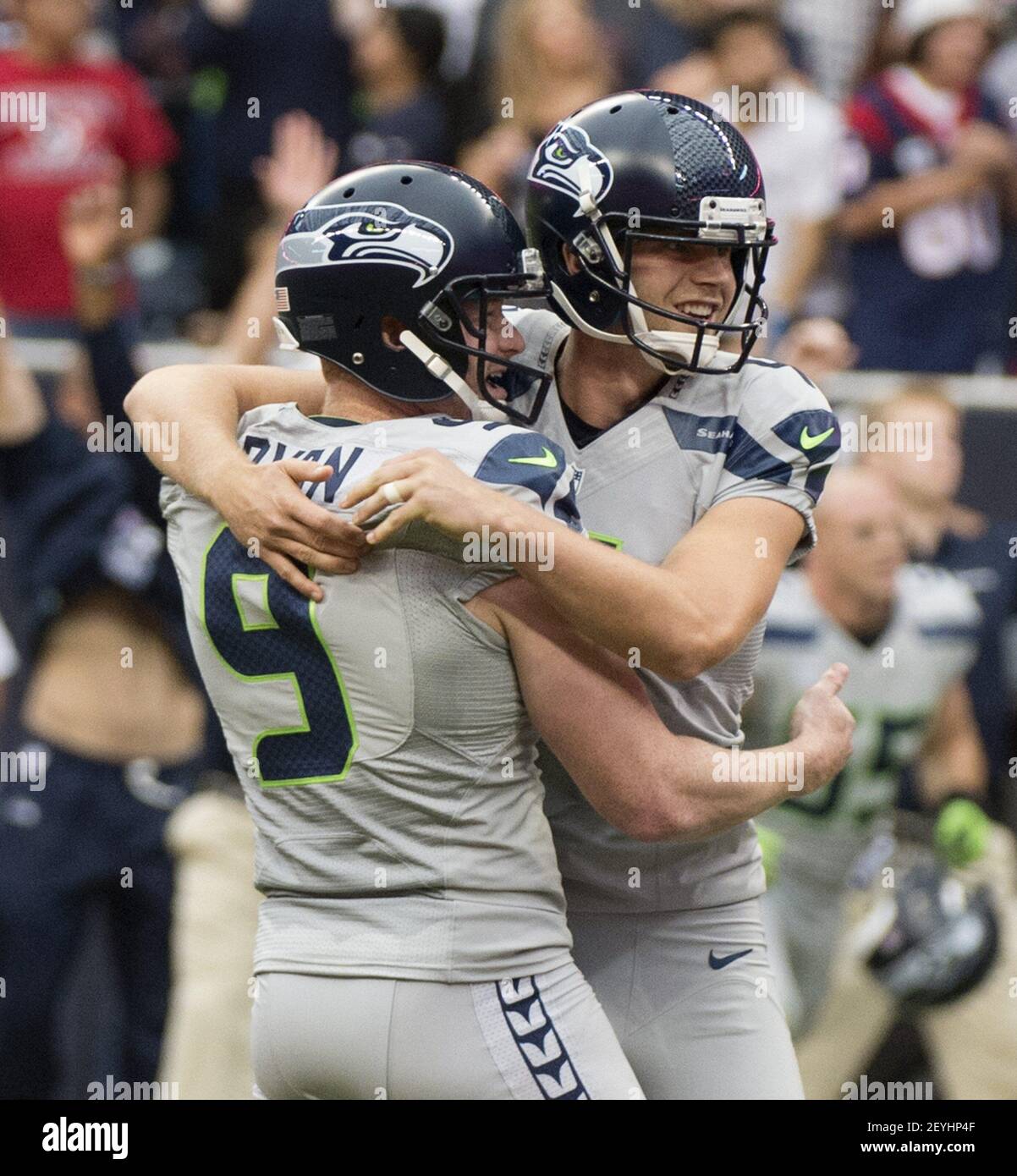 Kicker Steven Hauschka (4) and holder Jon Ryan (9) of the Seattle Seahawks  celebrate his game-winning field goal in a 23-20 overtime loss to the Seattle  Seahawks on Sunday, September 29, 2013,