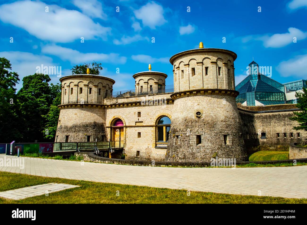 Luxembourg city, Luxembourg - July 15, 2019: Famous medieval Three Acorns fortress (Fort Thungen) in Luxembourg city Stock Photo