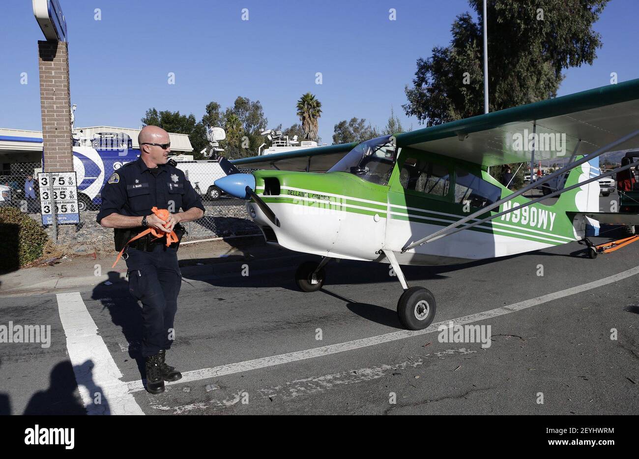 A small plane sits on the corner of Quimby Road and Capitol Expressway after making an emergency