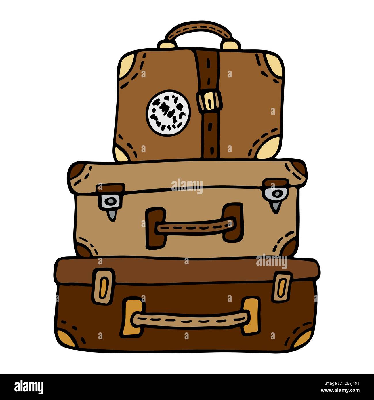 A stack of retro leather traveler suitcases with a sticker and straps, brown and red. Vector illustration in a cartoony style handdrawn on white backg Stock Vector