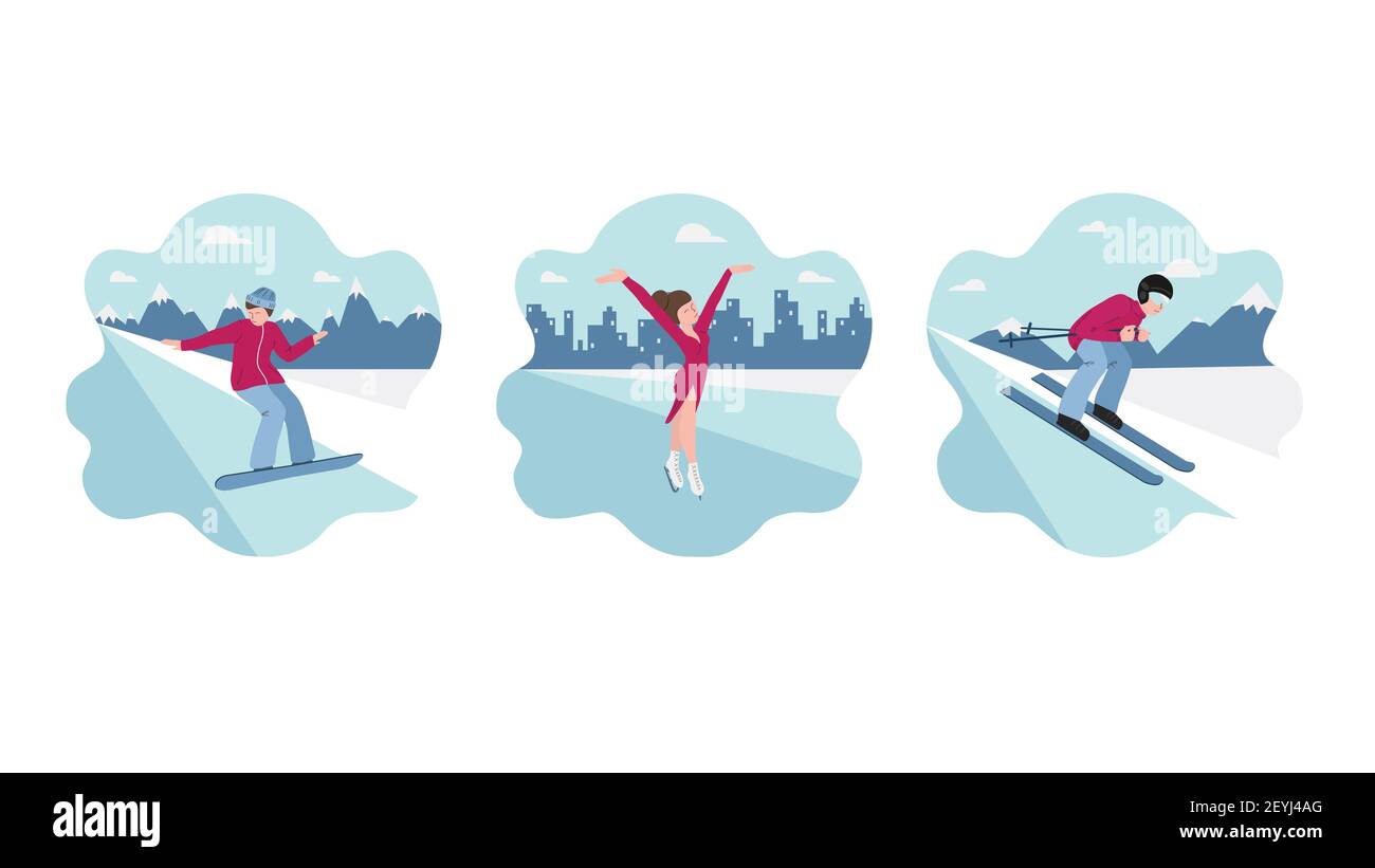 Set banners of winter sports - skiing, figure skating, snowboarding. People on the background of silhouettes of mountains and cities. Vector Stock Vector