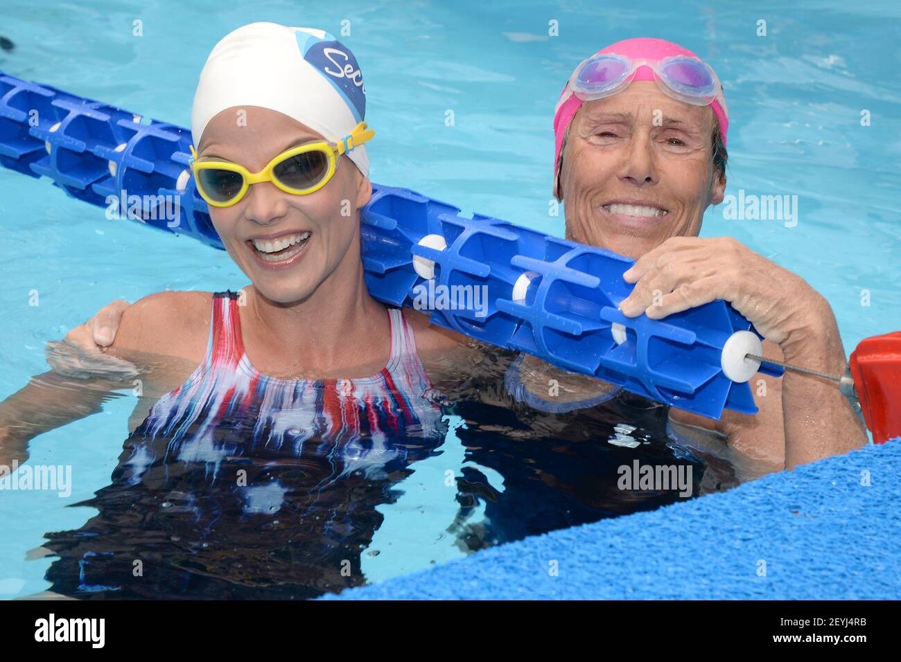 TV personality Natalie Morales poses in the pool with Diana Nyad during