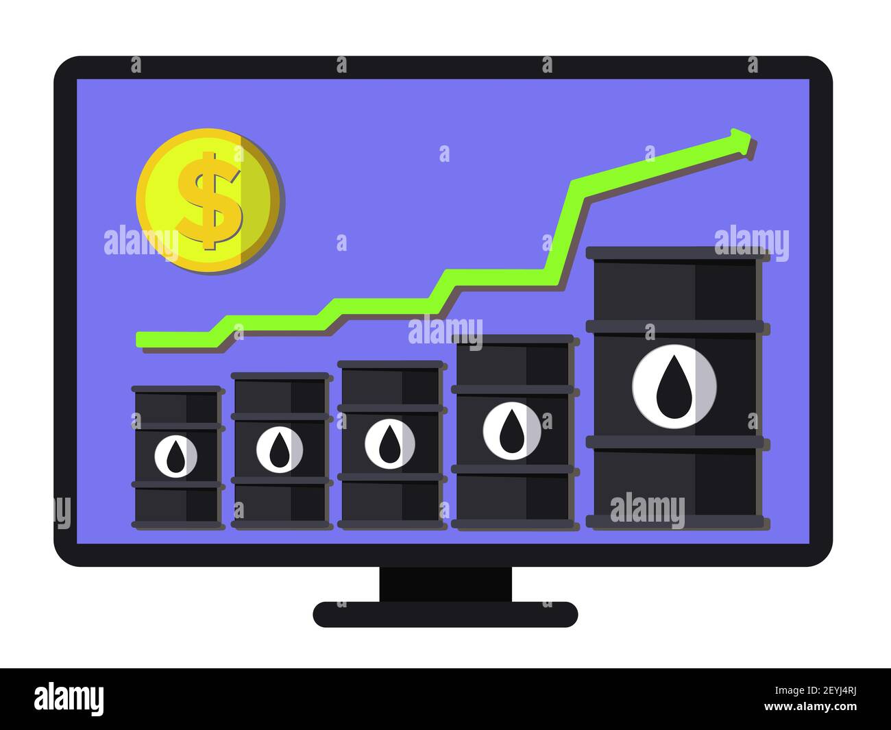 Record oil price increase - conceptual vector. Graph of financial growth. Flat composition includes oil barrels, arrow and coin. Layered template for Stock Vector