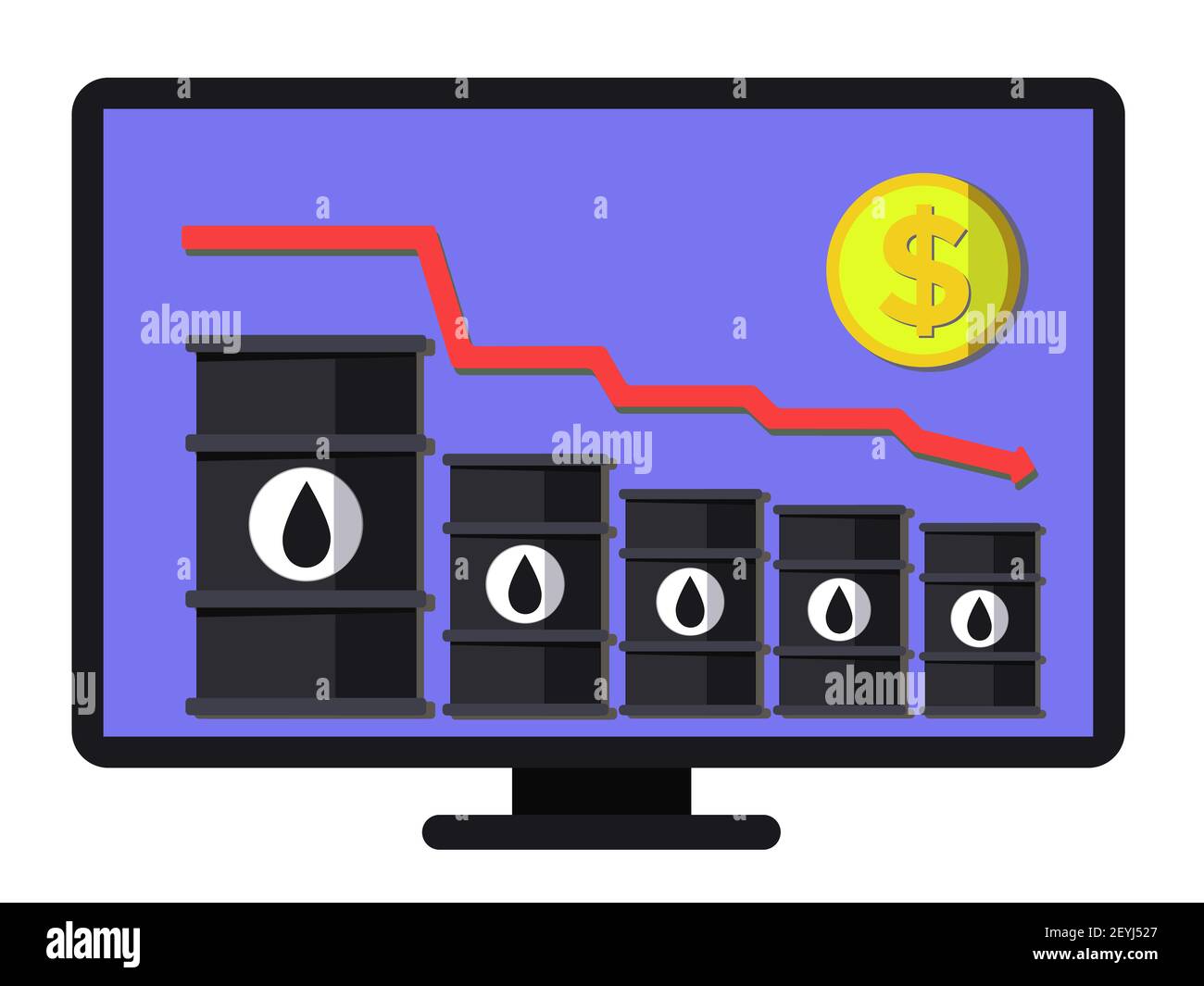 Record decline in oil prices - conceptual vector. Schedule of financial collapse. Flat composition includes oil barrels, arrow and coin. Layered templ Stock Vector