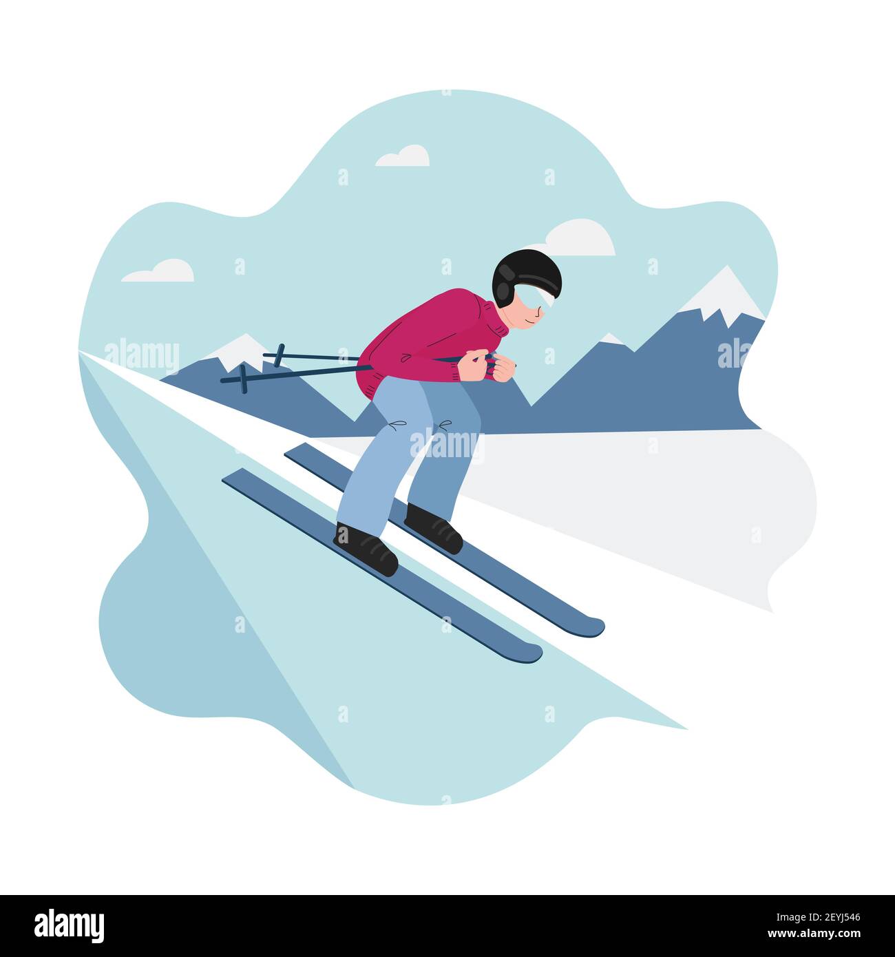 Banner of winter sport - mountain skiing, a man on skis rushes down the slope. Man on the background of silhouettes of mountains. Vector illustrations Stock Vector