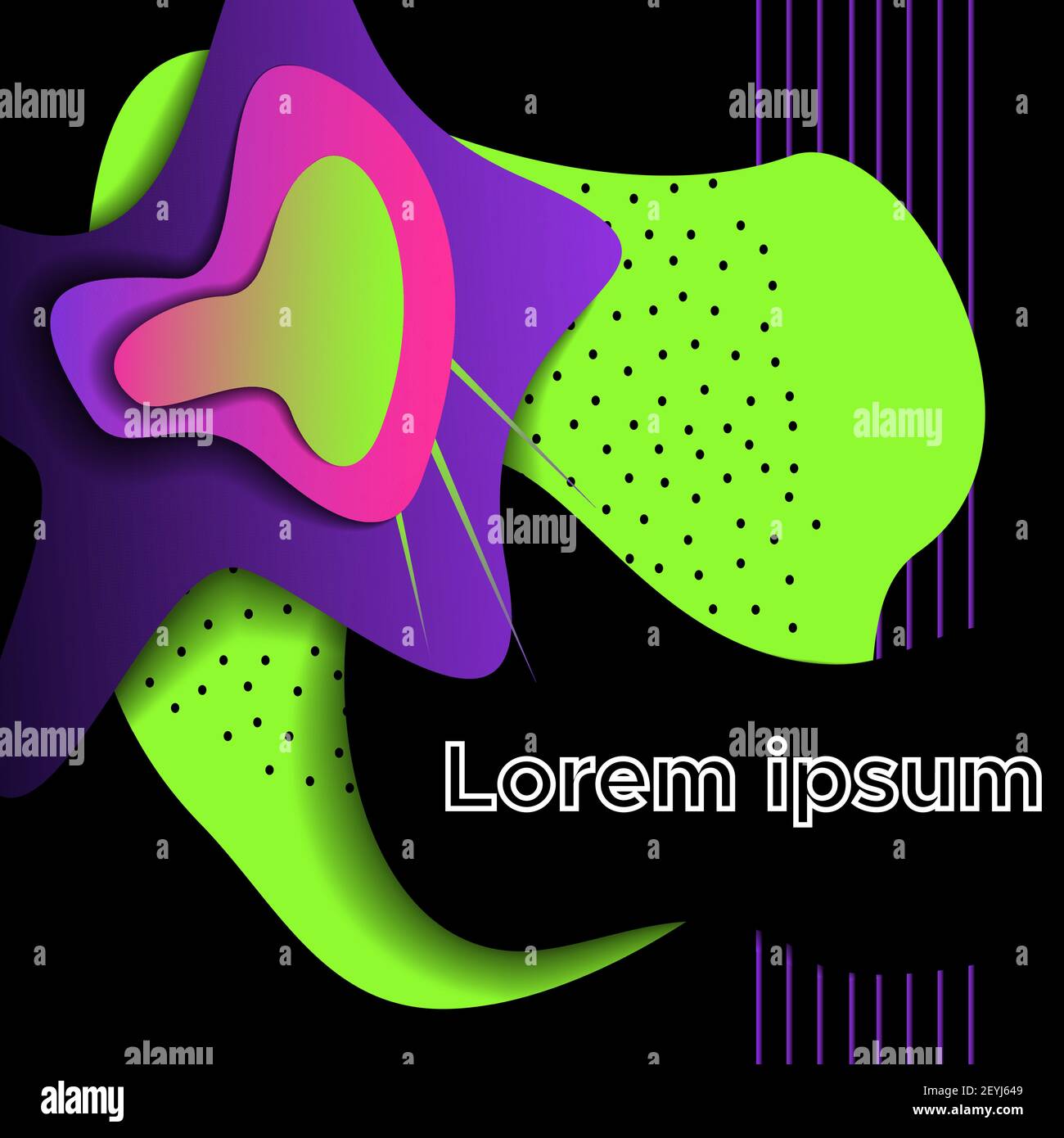 Colorful neon abstract figures on black background. Pattern of modern geometric line and shape, memphis and paper art design. Vector template for soci Stock Vector
