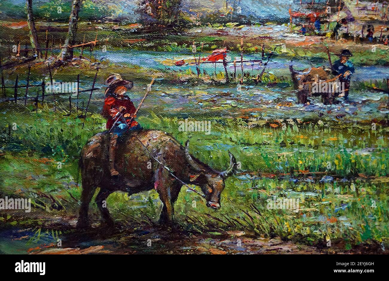 Art ,Oil ,painting ,Fine art ,Thailand ,Countryside, Hut ,  Children riding buffalo Stock Photo