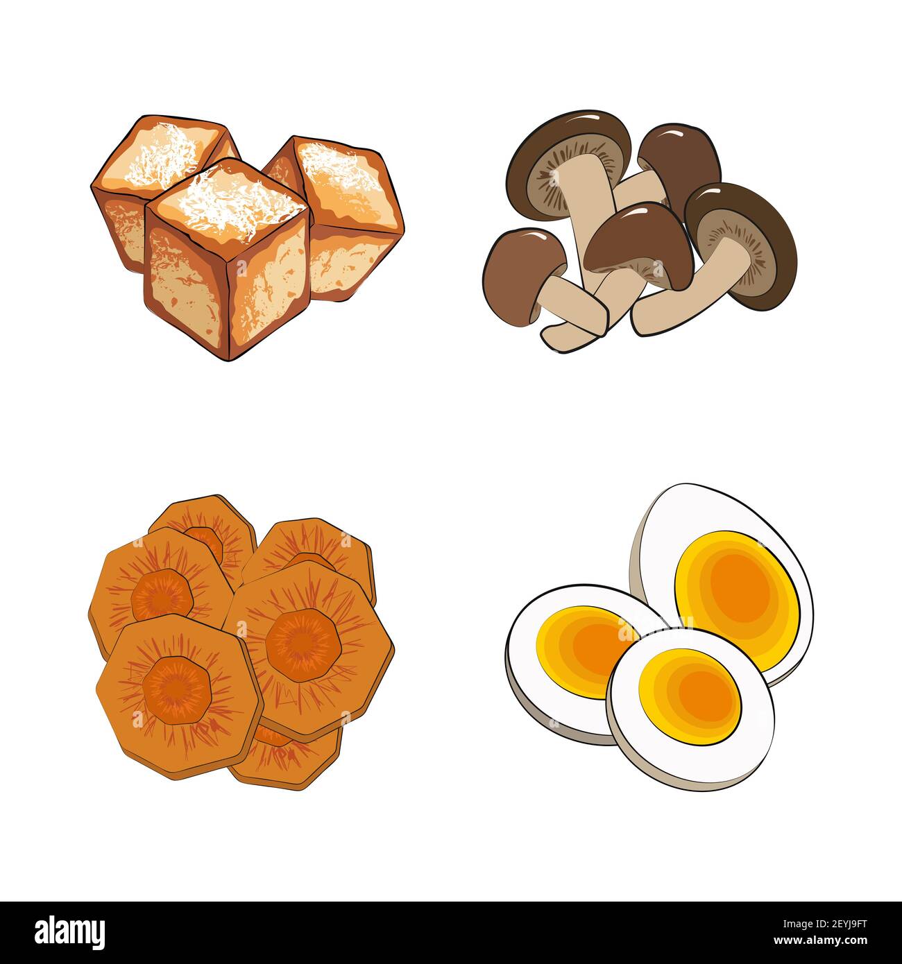 Traditional Japanese or Korean food tofu, mushrooms, eggs, carrot
