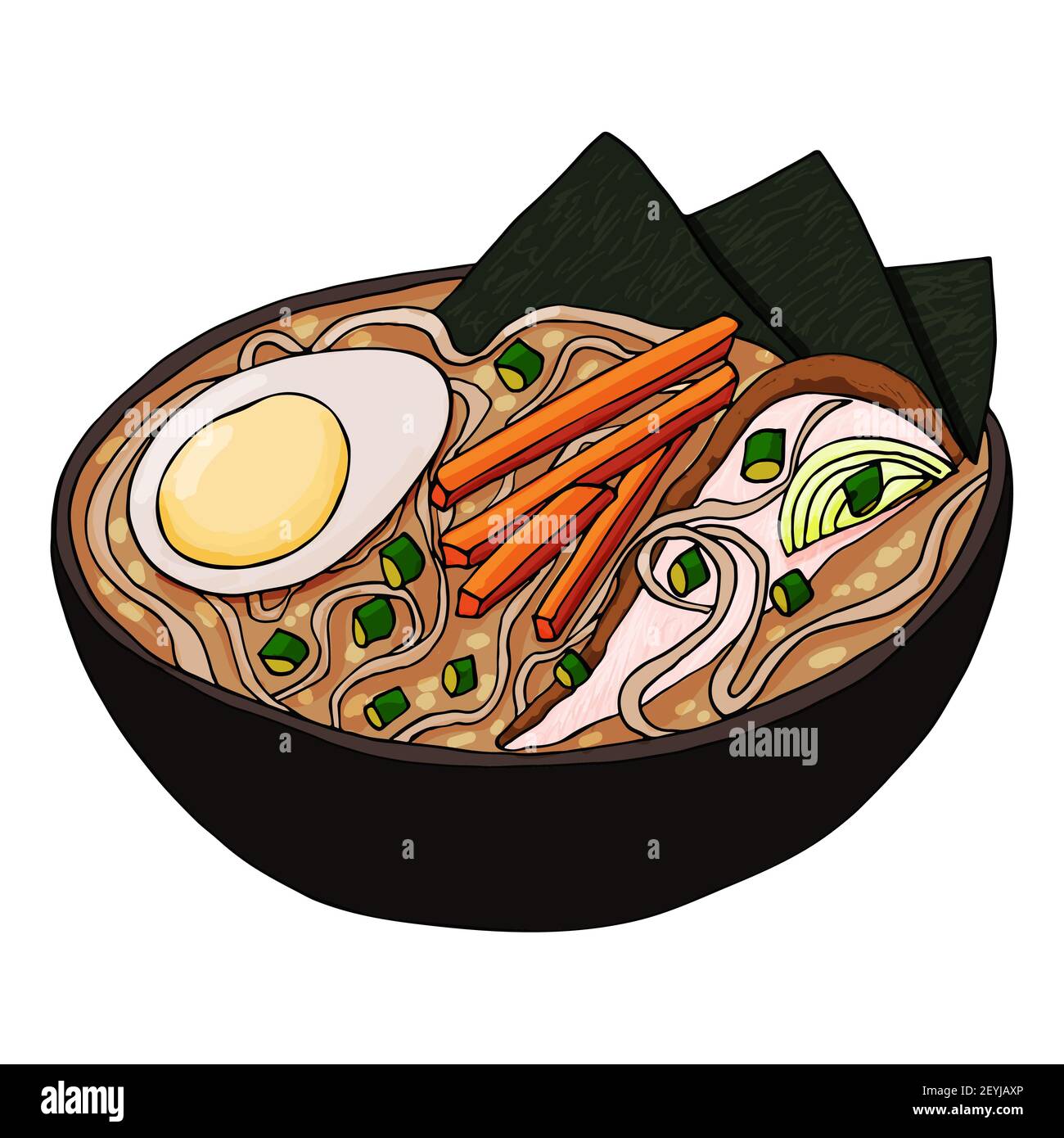 Japanese ramen soup vector. Tradition Asian meal with chicken, eggs, carrots, onions and noodles in a miso broth. Stock illustration isolated on white Stock Vector