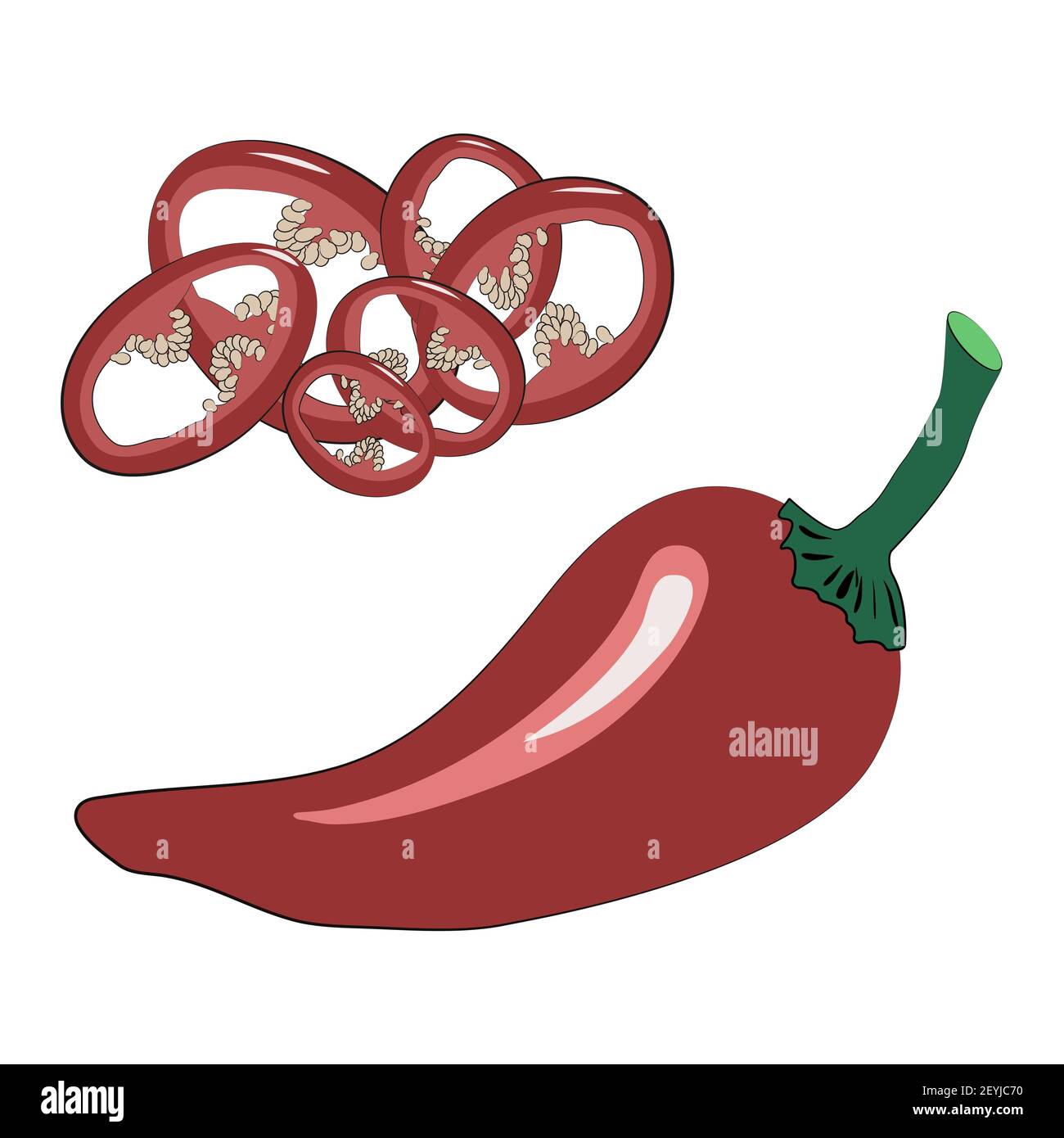 Set of red chili peppers - sliced into rings and a whole pod. Spicy seasoning for ramen noodles soup. Vector illustration in hand-drawn style on a whi Stock Vector
