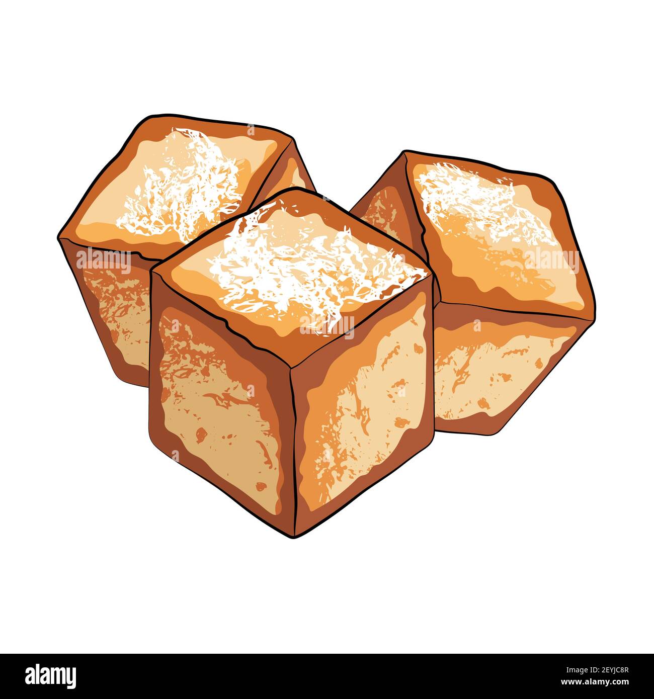 Tofu fried in Chinese style on white background. Vegetarian food, Asian culinary ingredient. Vector stock illustration cartoon. Stock Vector