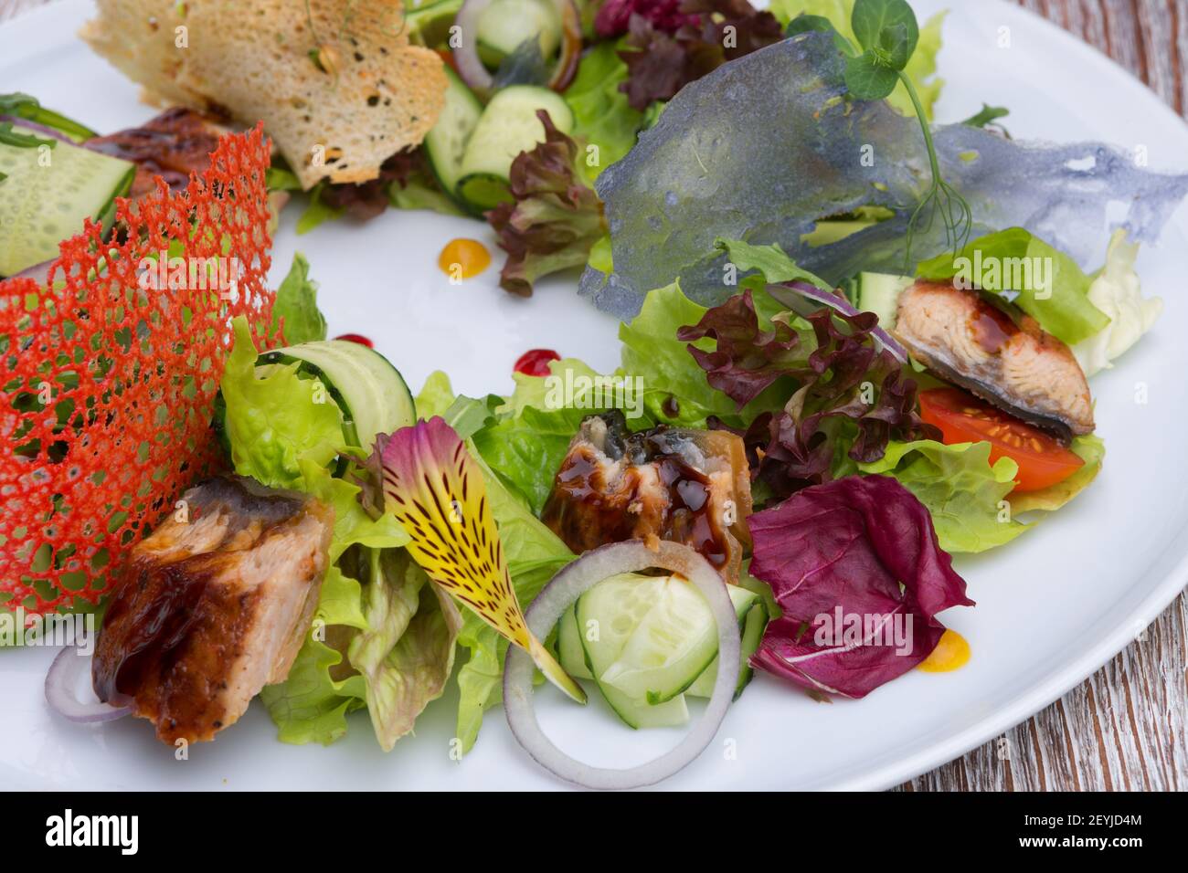 Vegetable salad with eel, on a plate Stock Photo