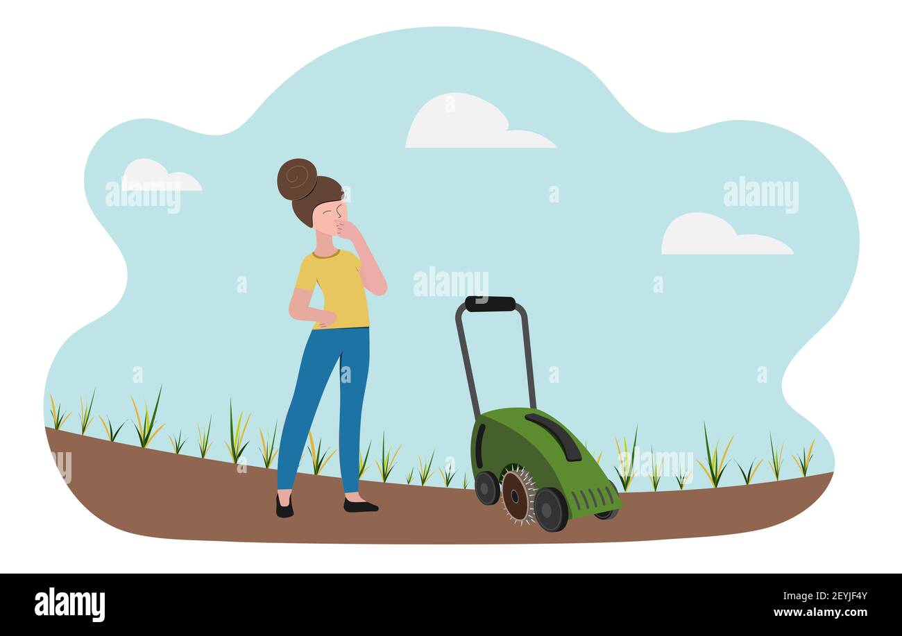 Lawn care equipment and service, aeration and scarification. The woman looks thoughtfully at the sparse withered lawn and scarifier. Concept vector il Stock Vector