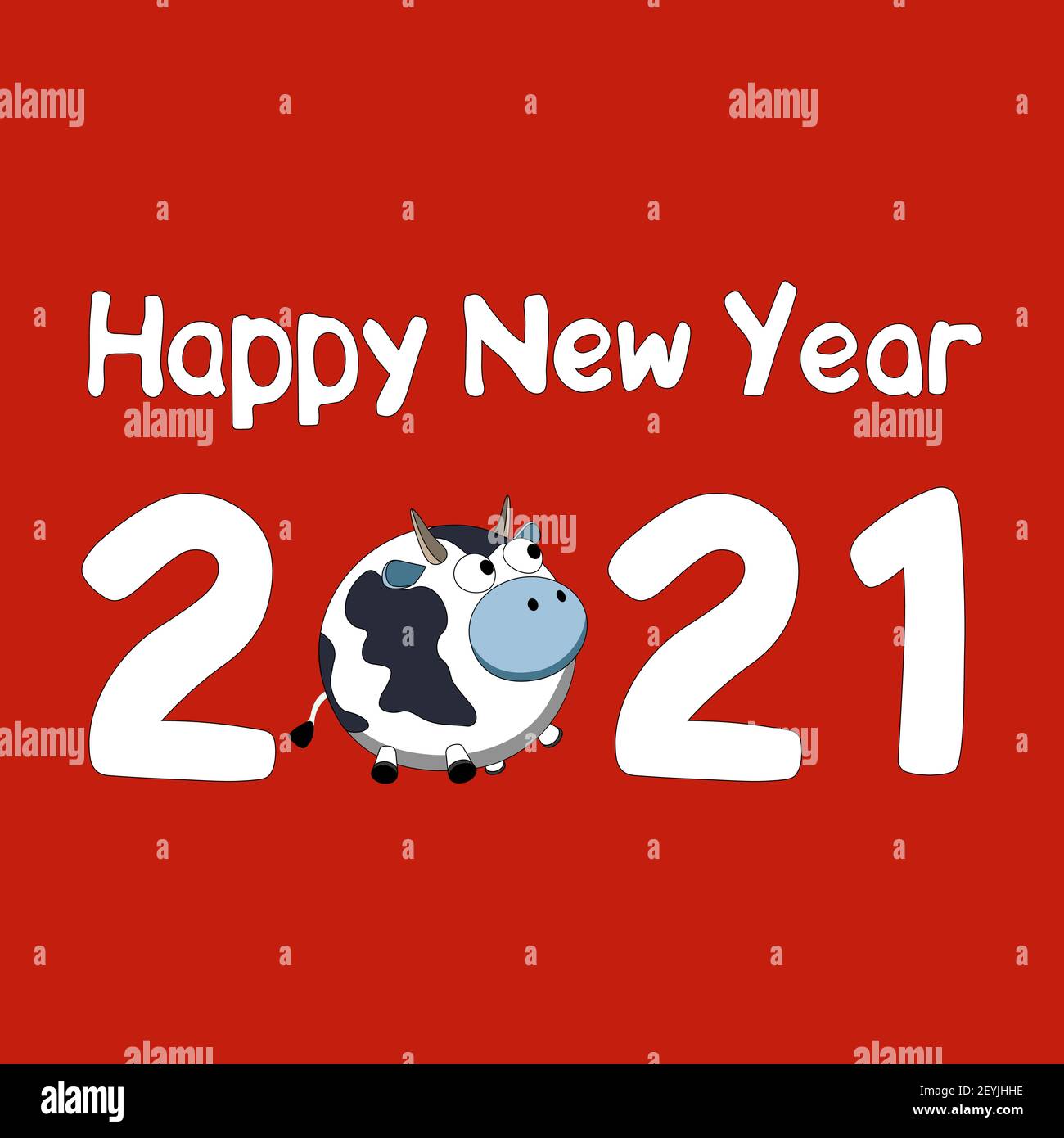 Happy New Year 2021 vector background with white figures and symbol of the year Bull, Ox or Cow. Vision square illustration is suitable for a banner, Stock Vector