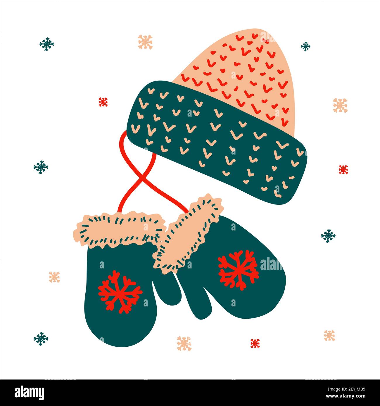 Christmas traditional hat and mitten for gifts in scandinavian hand drawn style. Vector illustration, one simple bright object, square format. Suitabl Stock Vector