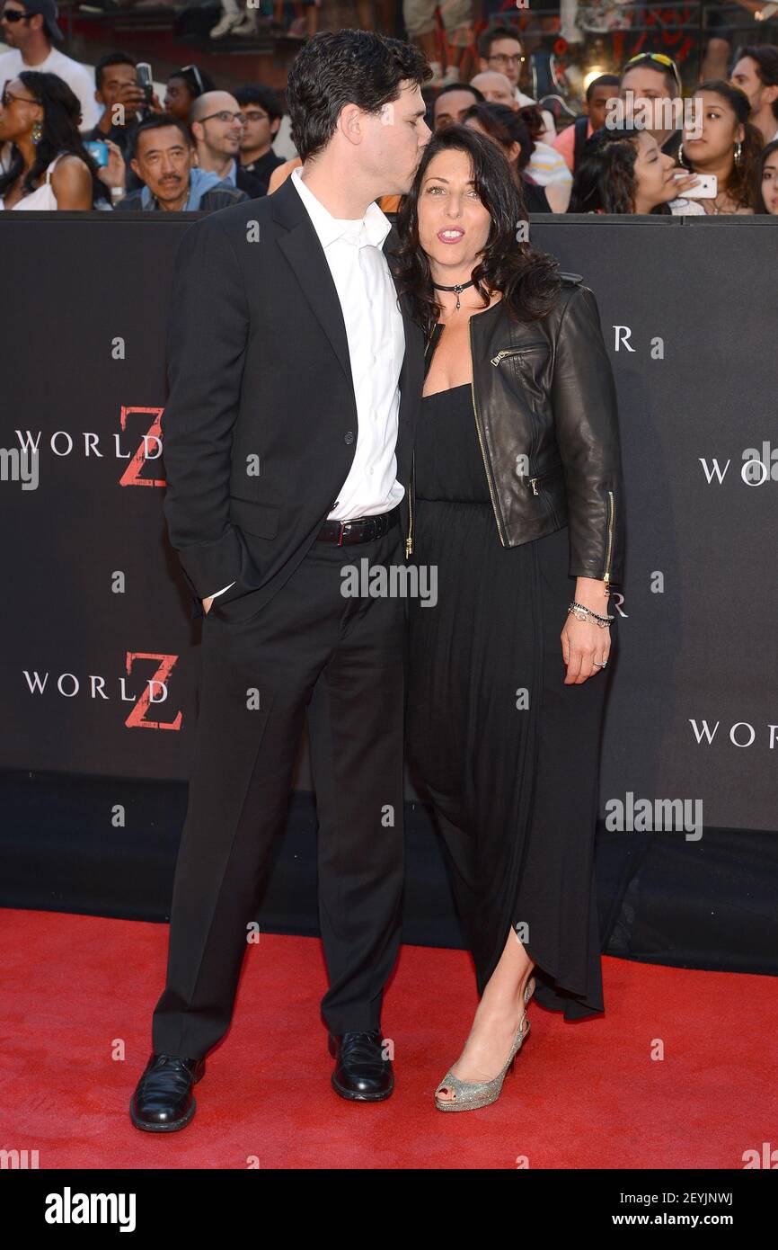 L-R) Writer Max Brooks and Michelle Kholos Brooks attend the New York Red  Carpet Premiere of "World War Z" held in Times Square New York, NY, on June  17, 2013. (Photo by