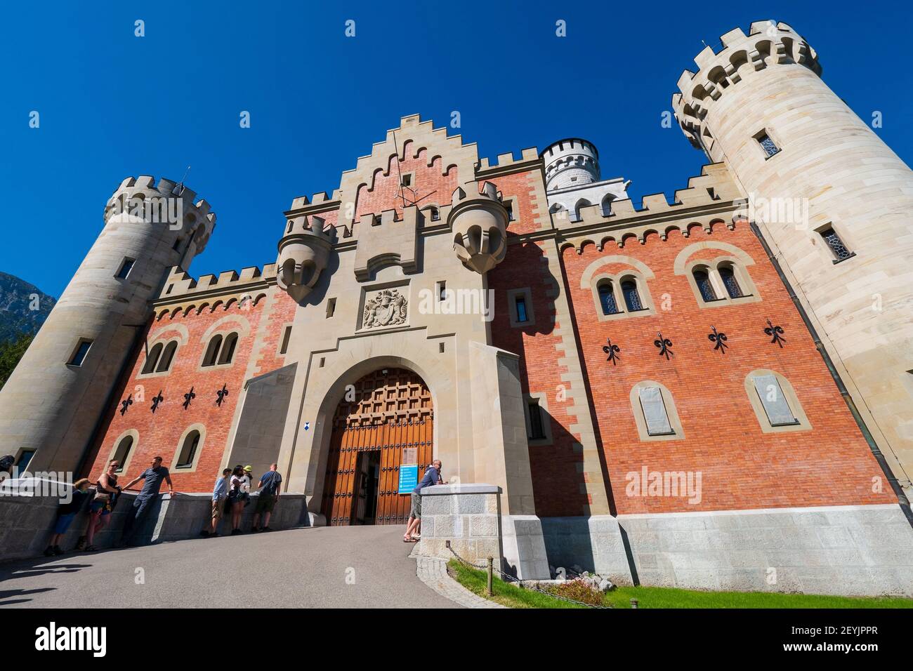 Low angle view of the portal of the famous 19th century romantic eclecticism palace Neuschwanstein Castle in Schwangau, Bavaria, Germany, Europe Stock Photo