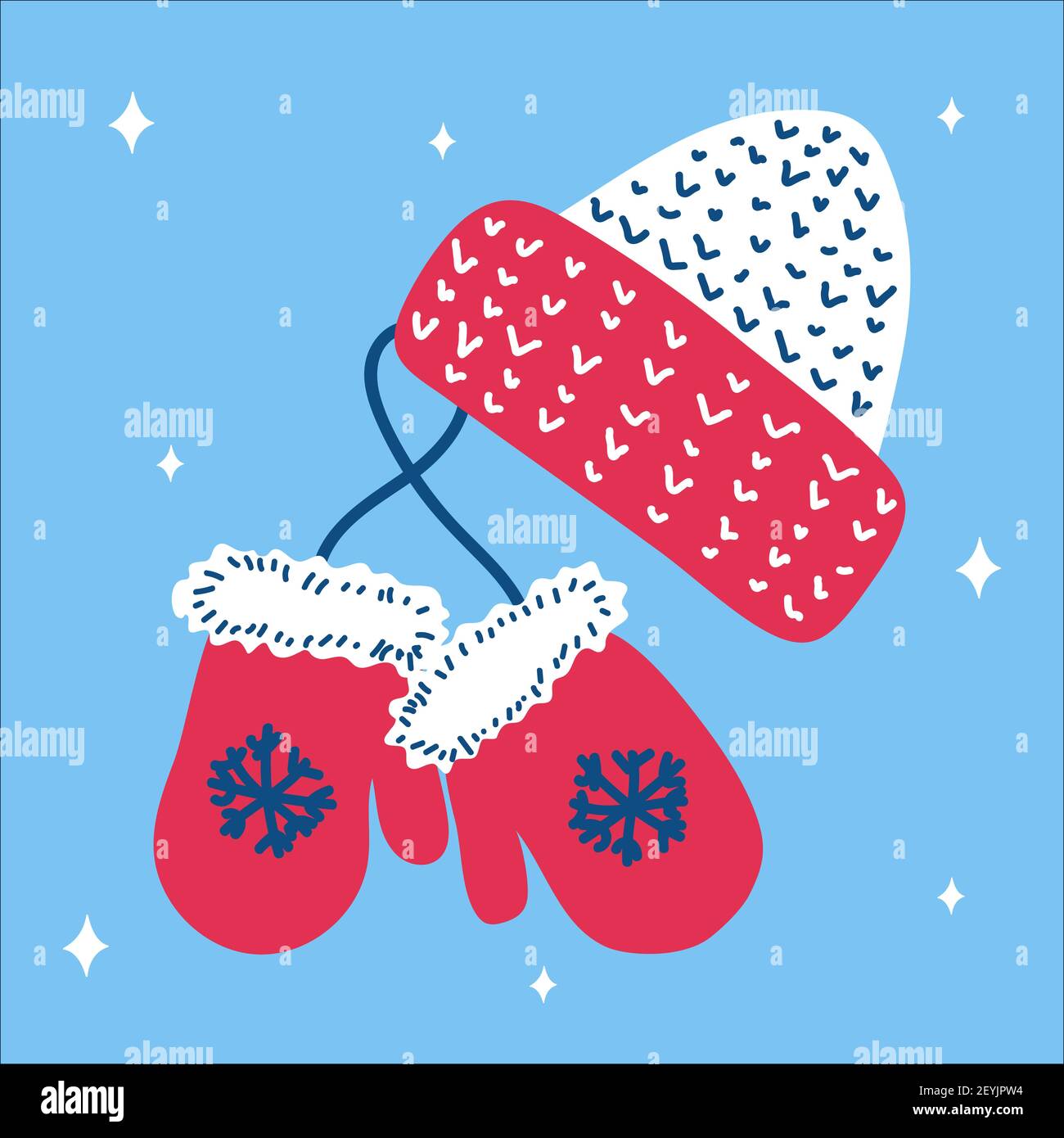 Christmas traditional pink hat and mitten mittens with snowflakes in scandinavian hand drawn style on a blue background. Vector illustration, square f Stock Vector