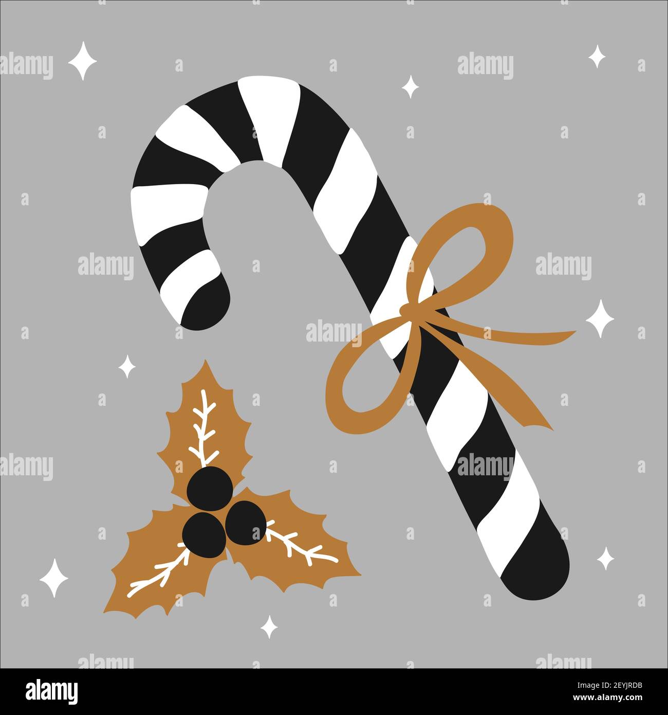 Merry Christmas traditional sweet gift candy cane with a bow and beside lies mistletoe on a white and gold, silver, black colors in scan Stock Vector Image & Art -
