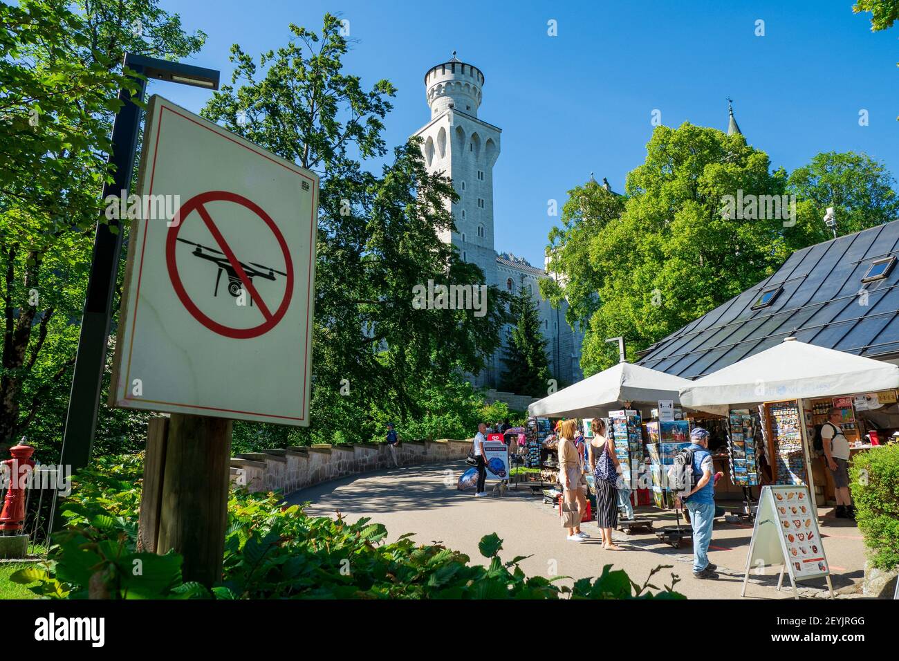 'No Drone Zone'-sign in front of the famous 19th century romantic eclecticism palace Neuschwanstein Castle in Füssen, Bavaria, Germany, Europe Stock Photo