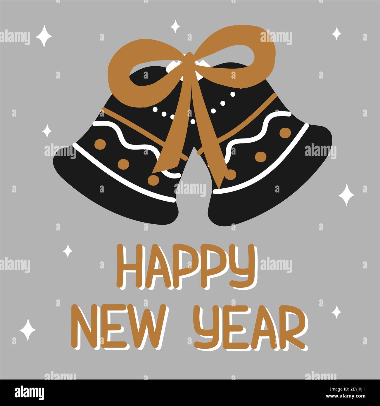 Happy New Year traditional bells with ribbon in scandinavian hand drawn style with lettering in gold, silver, black colors. Vector illustration, one s Stock Vector