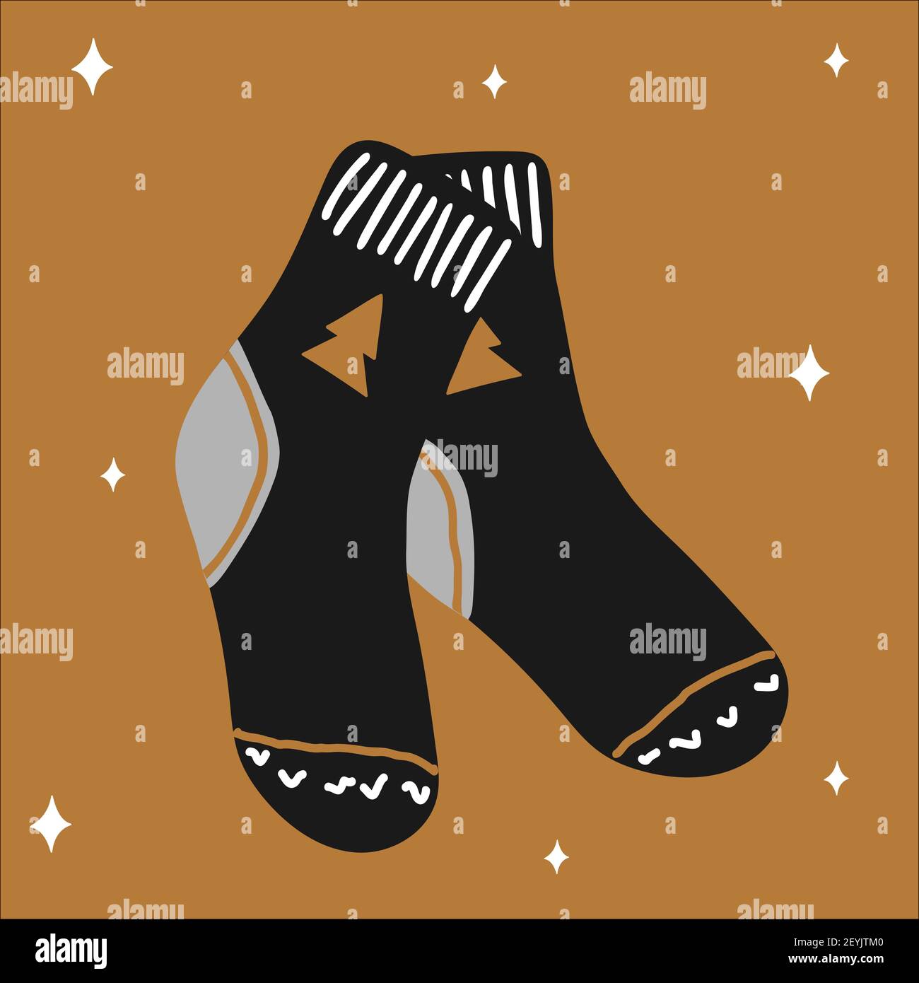 Christmas traditional warm socks in scandinavian hand drawn style in gold, silver, black colors. Vector illustration, one simple bright object, square. Stock Vector