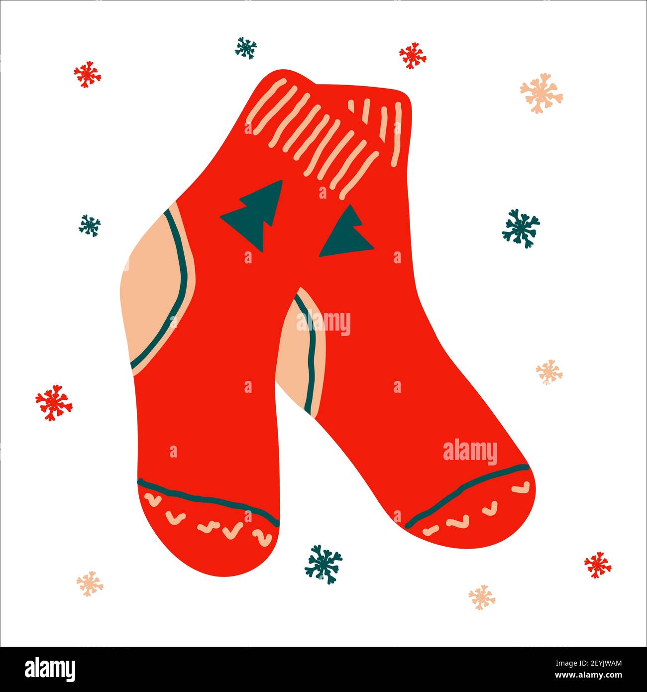 Christmas traditional warm socks in scandinavian hand drawn style. Vector illustration, one simple bright object, square format. Suitable for social Stock Vector