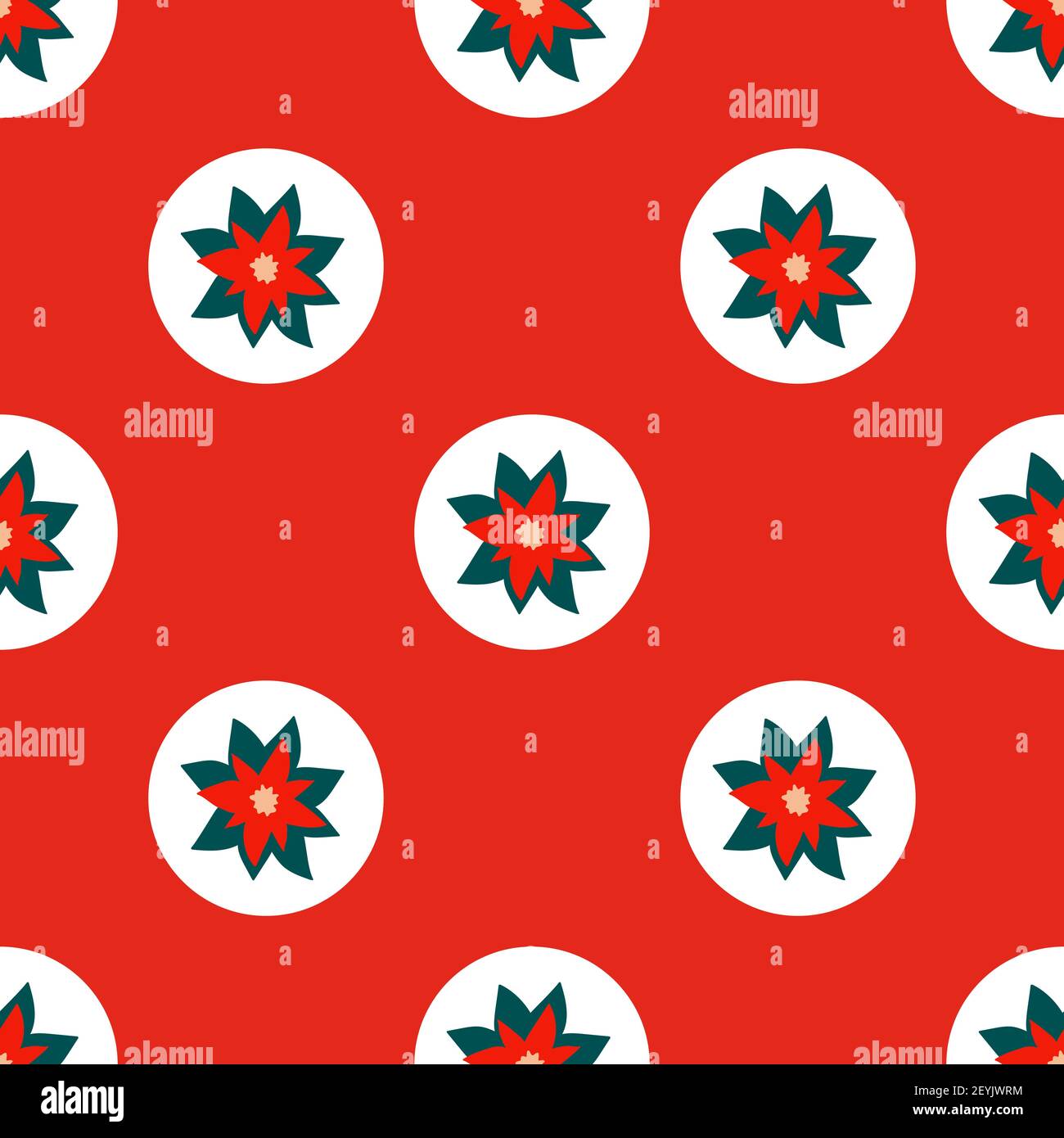 Bright red seamless Christmas pattern of repeating elements - white circles with poinsettia in the center. Vector illustration in a festive style. Stock Vector