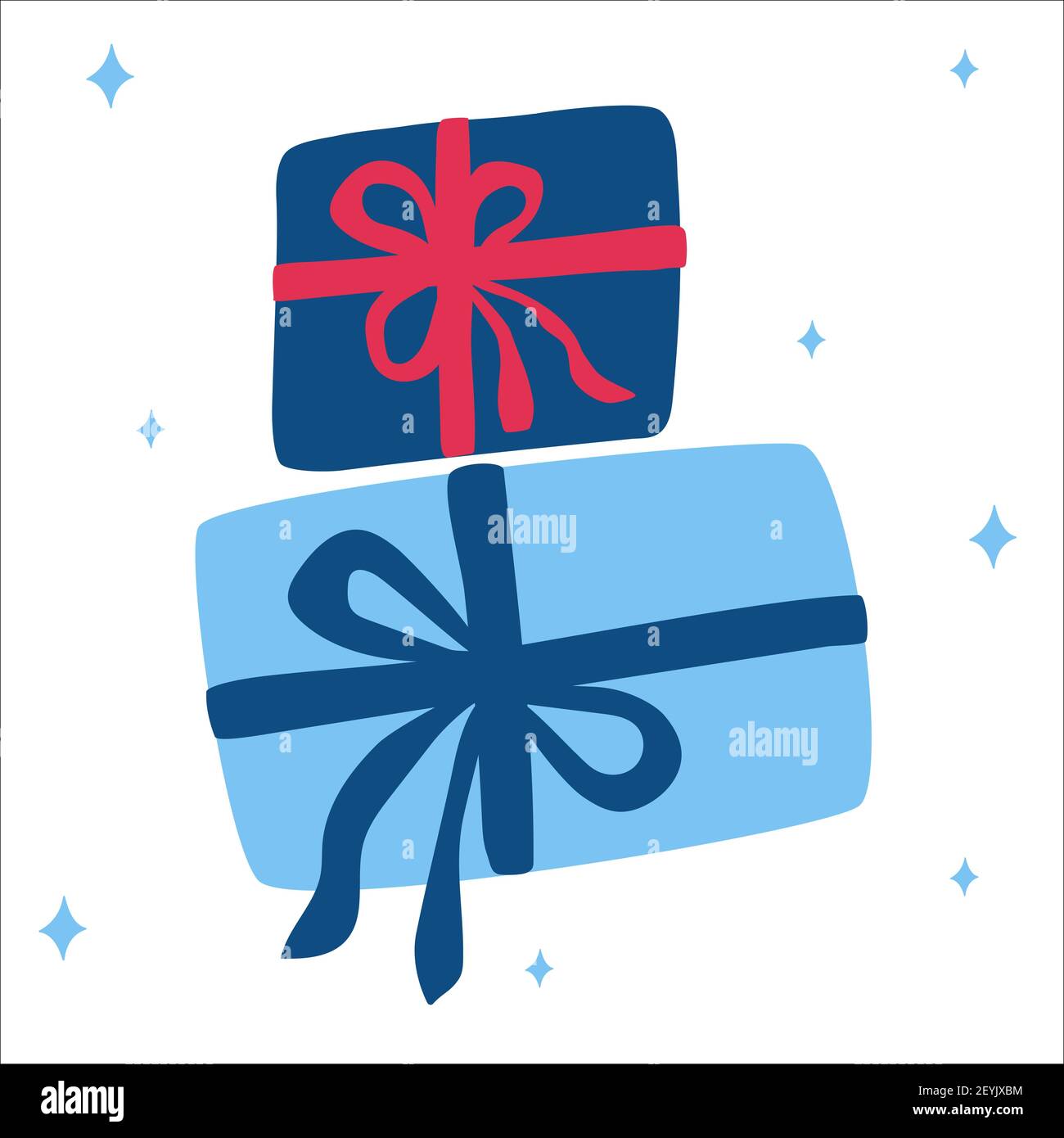 Christmas traditional blue gifts with bows on a white background with snowflakes in scandinavian hand drawn style. Vector illustration, square format Stock Vector