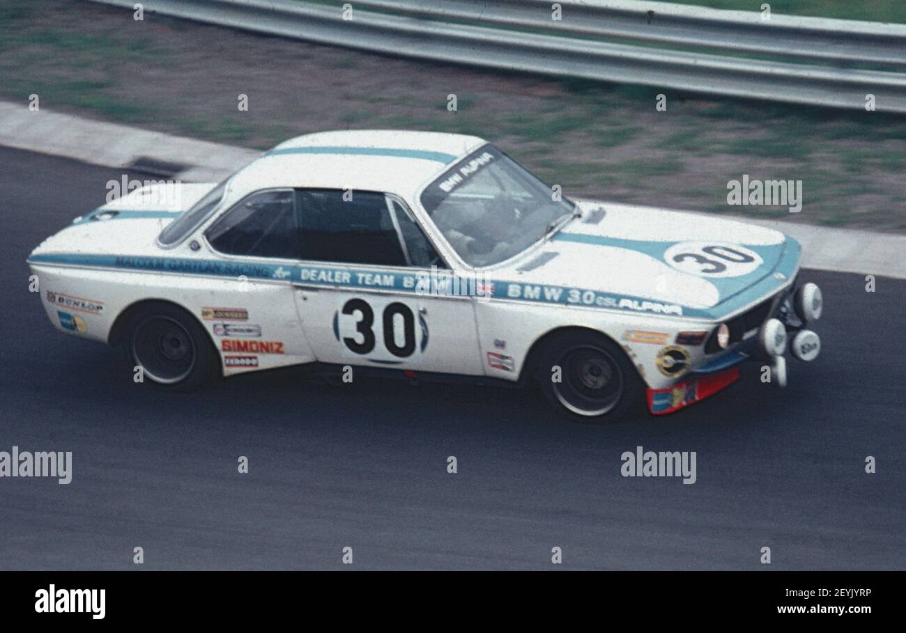 A BMW 3.0 CSL at a Touring Car race at the Nuerburgring Nordschleife in the 1970s, Eifel Germany Stock Photo