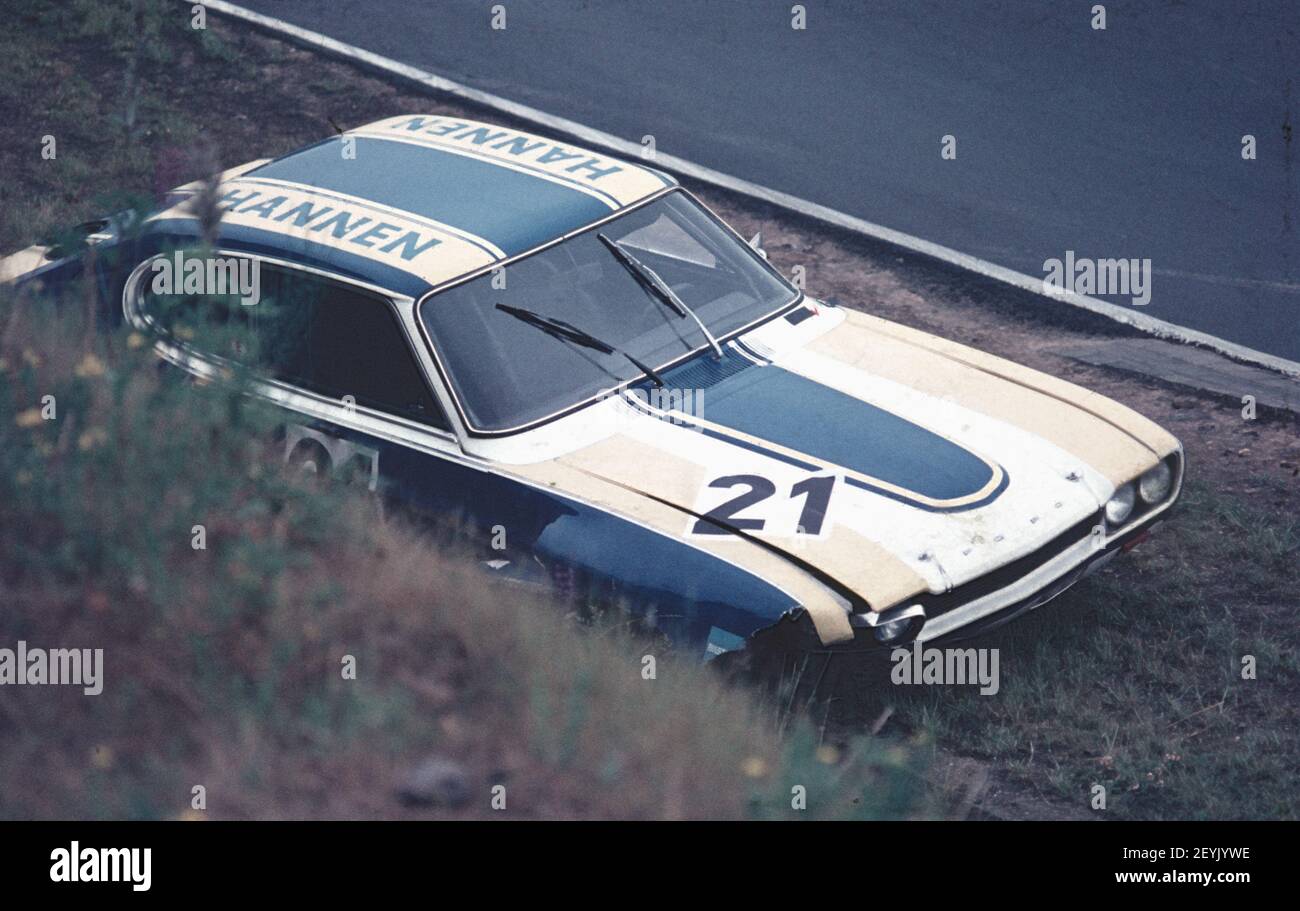 Ford Capri RS at a Touring Car race at the Nuerburgring Nordschleife in the 1970s, Eifel Germany Stock Photo