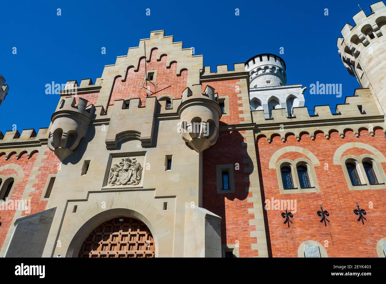 Low angle view of the portal of the famous 19th century romantic eclecticism palace Neuschwanstein Castle in Schwangau, Bavaria, Germany, Europe Stock Photo