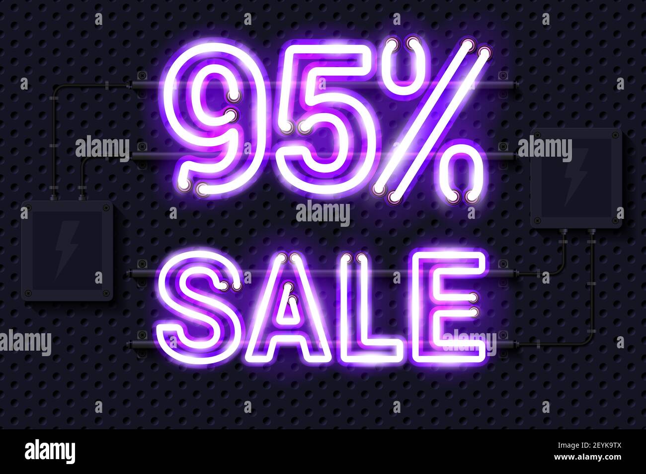 95 percent SALE glowing purple neon lamp sign. Realistic illustration ...