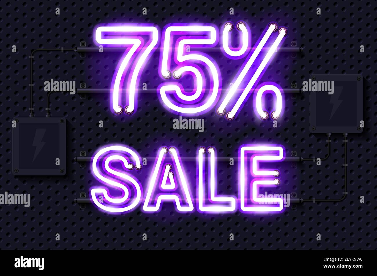 75 percent SALE glowing purple neon lamp sign. Realistic illustration ...