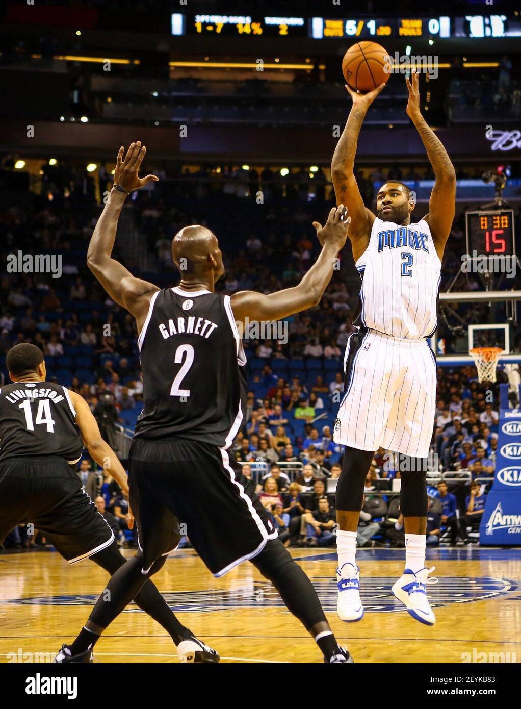 Orlando Magic forward-center Kyle O'Quinn (2) shoots over the Brooklyn  Nets' Kevin Garnett (2) in the second quarter at the Amway Center in  Orlando, Florida, Sunday, November 3, 2013. The Magic beat