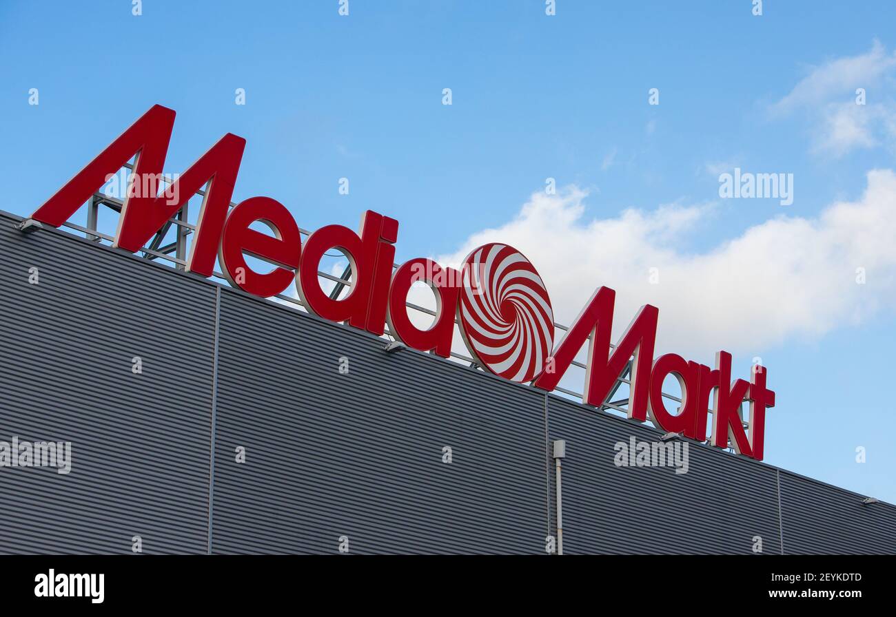Braga, Portugal - January 18, 2020: MediaMarkt logo in Braga, MediaMarkt is a german multinational chain of stores Stock Photo