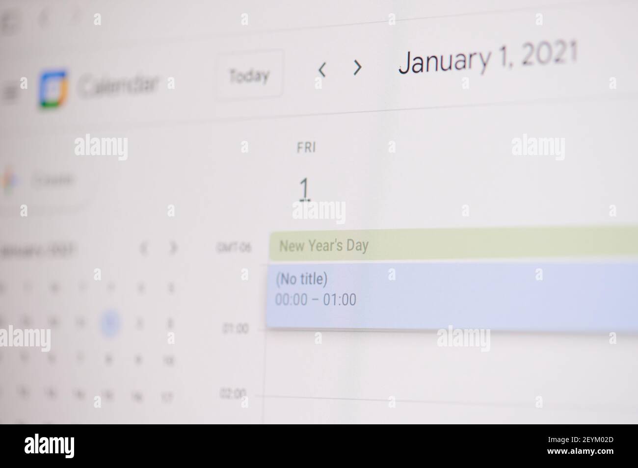 New york, USA - February 17, 2021: New year day 1 of january  on google calendar on laptop screen close up view. Stock Photo