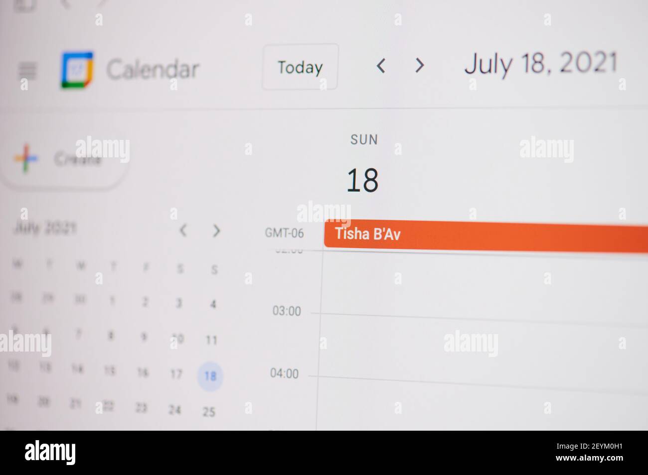 New york, USA - February 17, 2021: Tisha Bav 18 of july  on google calendar on laptop screen close up view. Stock Photo