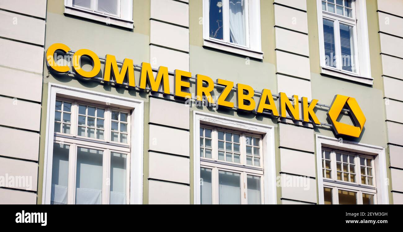 Krefeld, North Rhine-Westphalia, Germany - Commerzbank in Uerdingen district, logo, branch. Stock Photo