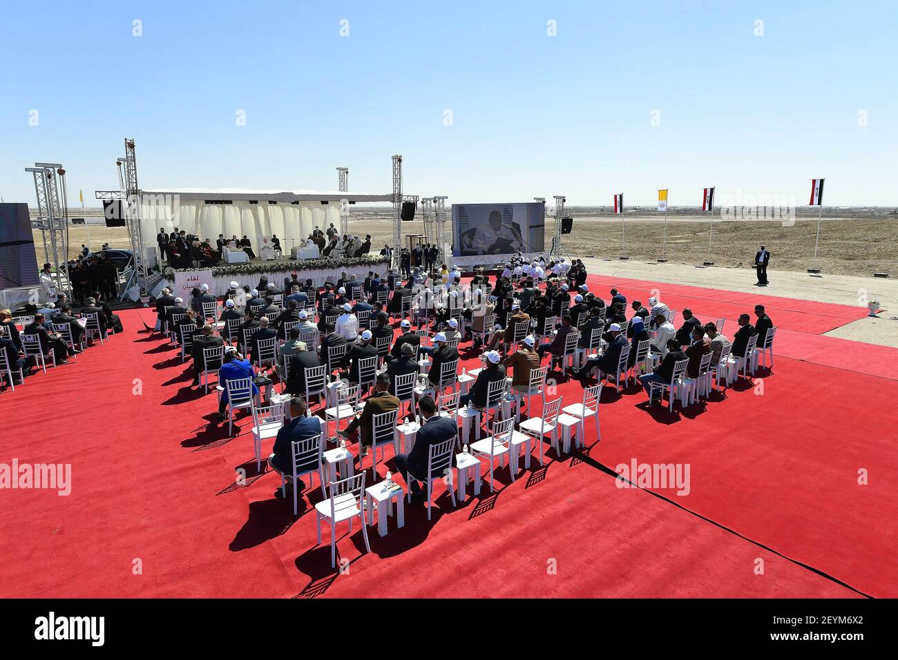 Pope Francis and religious figures attend an interfaith meeting in the ancient city of Ur in southern Iraq's Dhi Qar province, on March 6, 2021.The ancient city of Ur is considered the birthplace of Prophet Abraham. Vatican Media Handout Photo via ABACAPRESS.COM Stock Photo