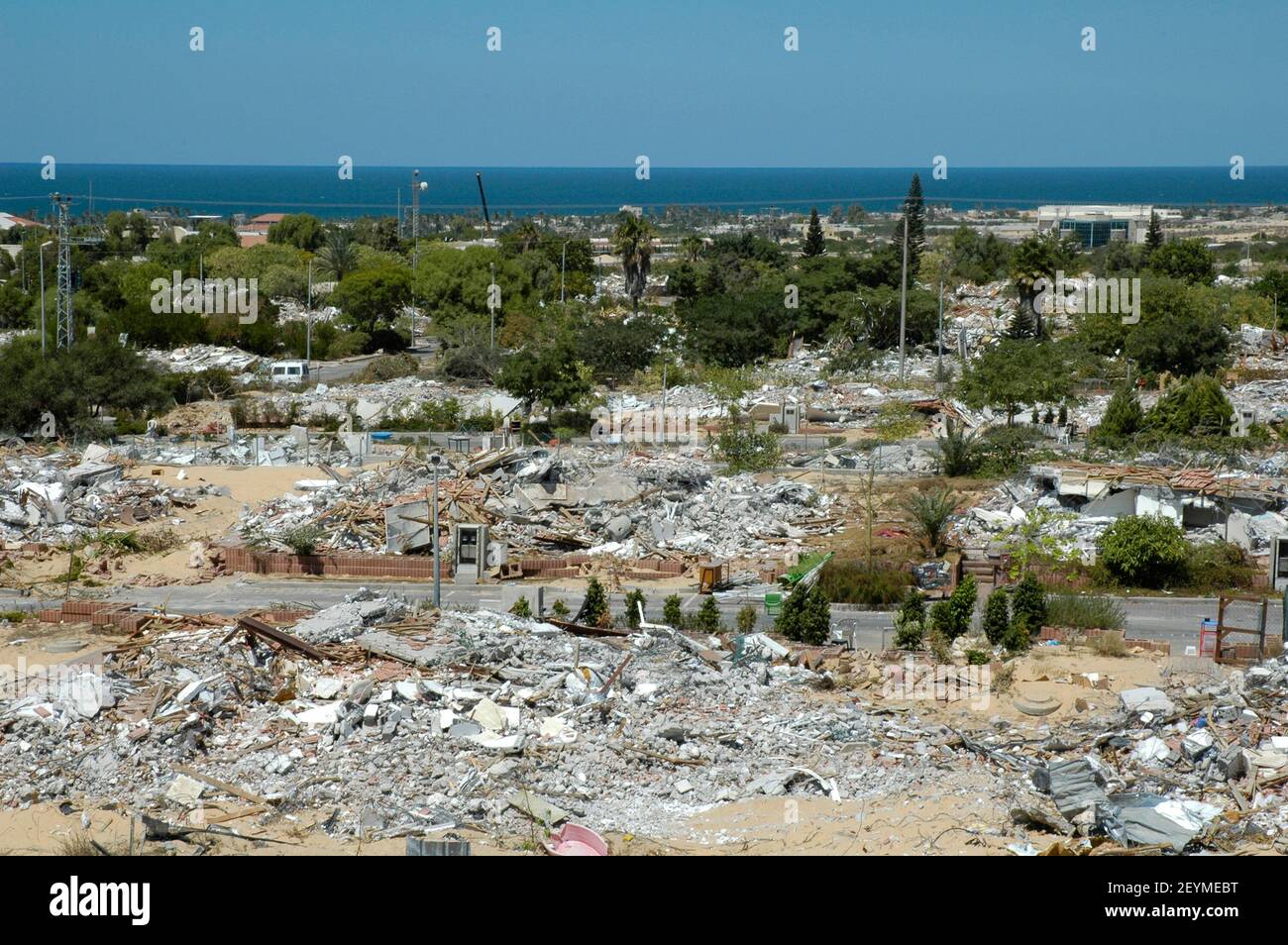 Mounds of rubble of demolished houses in what used to be the Jewish settlement of Neve Dekalim in Gaza Strip on 06 September 2005. Israel completed the evacuation of all 8,000 Jewish settlers from Gaza and several hundred more from four enclaves in the northern West Bank, after nearly 40 years of occupation. Stock Photo