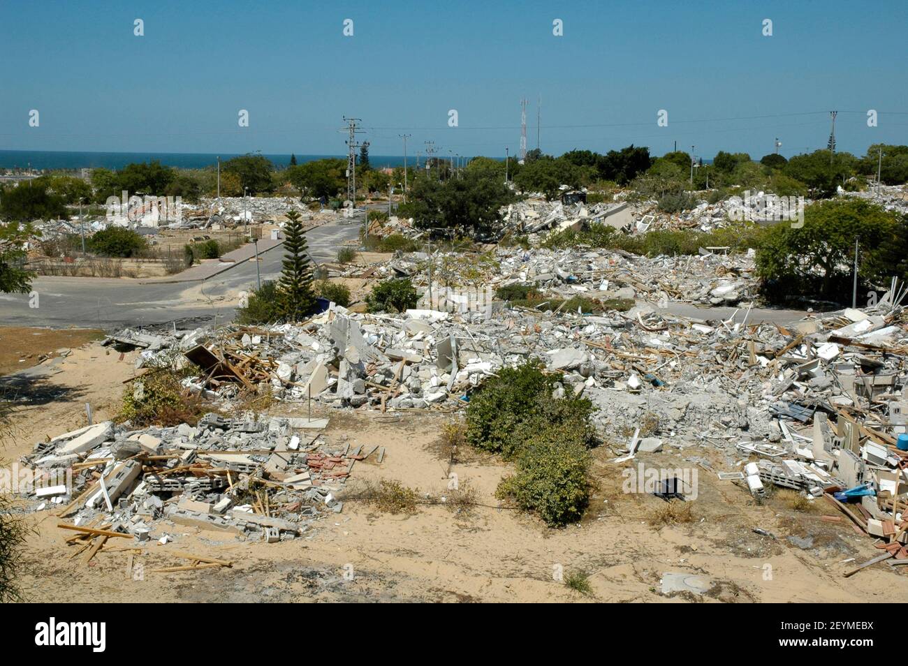 Mounds of rubble of demolished houses in what used to be the Jewish settlement of Neve Dekalim in Gaza Strip on 06 September 2005. Israel completed the evacuation of all 8,000 Jewish settlers from Gaza and several hundred more from four enclaves in the northern West Bank, after nearly 40 years of occupation. Stock Photo