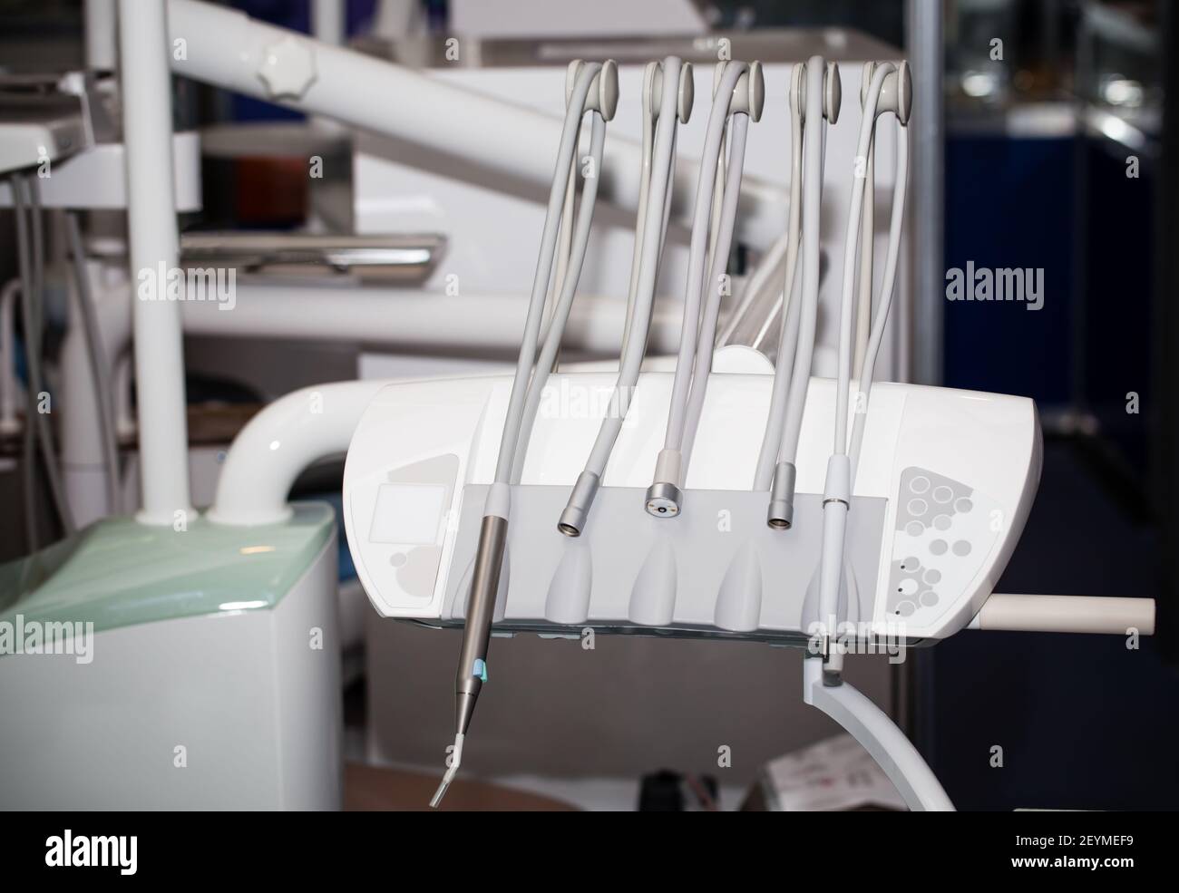 Dental instruments and equipment closeup in a dentists office. Photo can be used as a whole background. Stock Photo