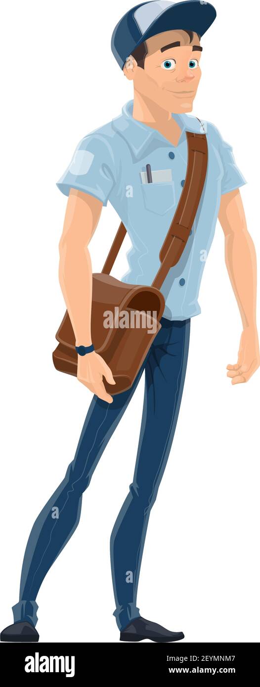 Mailman with sack vector icon. Male postman isolated, courier in uniform, postal worker Stock Vector