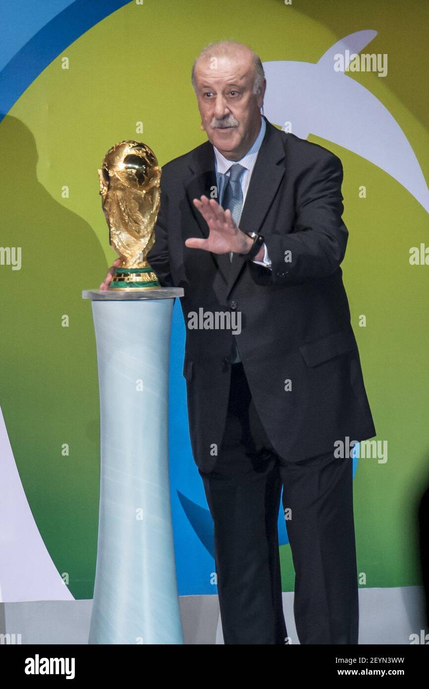 Spain's coach Vicente Del Bosque, with the cup during the final draw for the 2014 FIFA World Cup Brazil, in Costa do Sauipe, on December 6, 2013. Photo by Celso Pupo/Fotoarena/Sipa USA Stock Photo