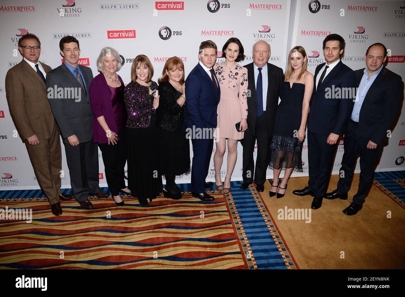 L-R) Hugh Bonneville, Richard Marnelle, Executive Producer, Masterpiece,  Rebecca Eaton, Phyllis Logan, Lesley Nicol, Allen Leech, Michelle Dockery,  Writer and Executive Producer, Julian Fellowes, Laura Carmichael, Rob  James-Collier and Executive ...