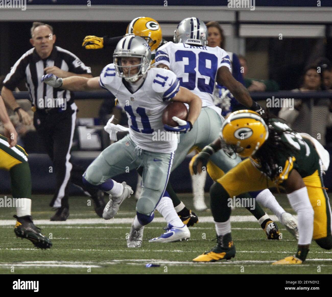 Dallas Cowboys wide receiver David Durden, top, attempts to make a catch as  cornerback Eric Scott Jr. defends during the NFL football team's training  camp Monday, July 31, 2023, in Oxnard, Calif. (