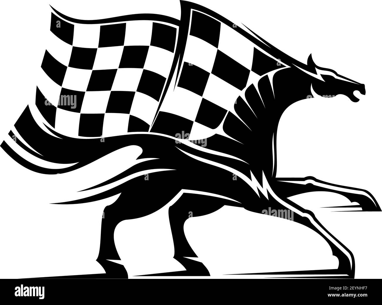 Racing sport mascot isolated horse and checkered flag. Vector equestrian races, monochrome mustang stallion Stock Vector