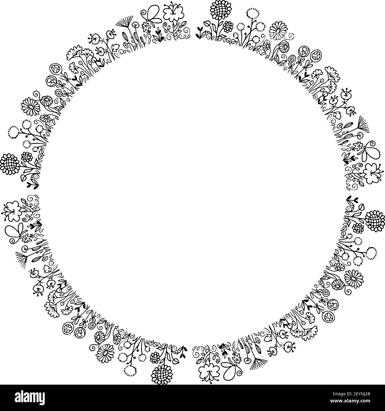 vector black and white flowers circle border background Stock Vector