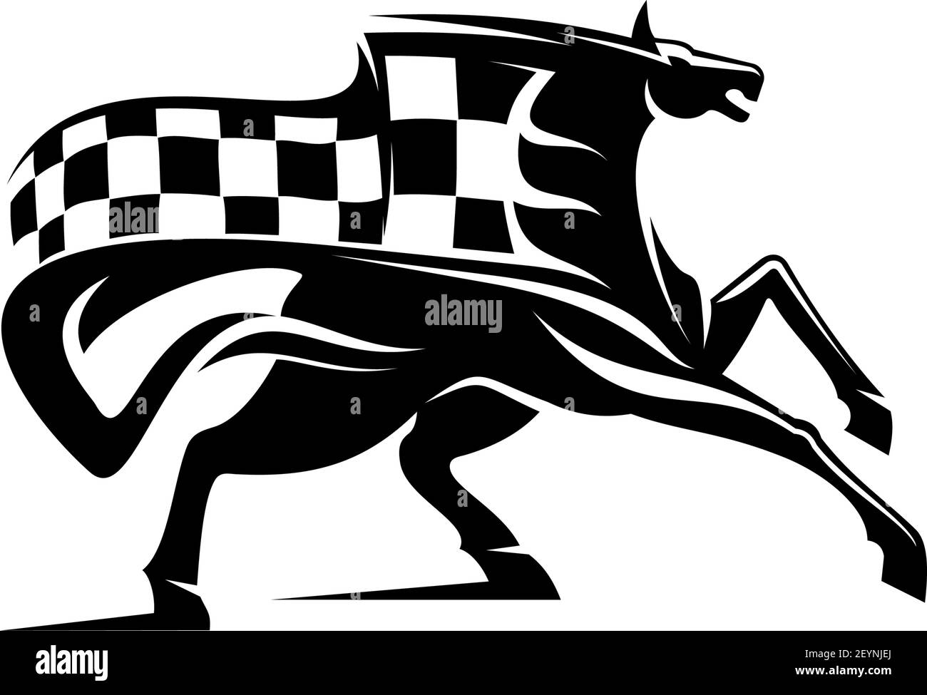 Racing sport mascot isolated horse and checkered flag. Vector equestrian races, monochrome mustang stallion Stock Vector